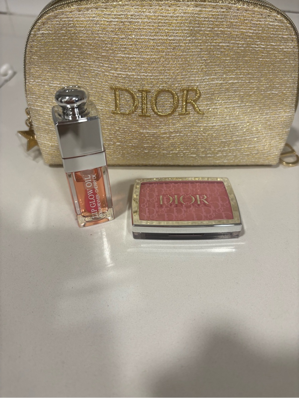 Dior Pink Cream Blush & Lip Glow Oil Duo with Gold Cosmetic Pouch